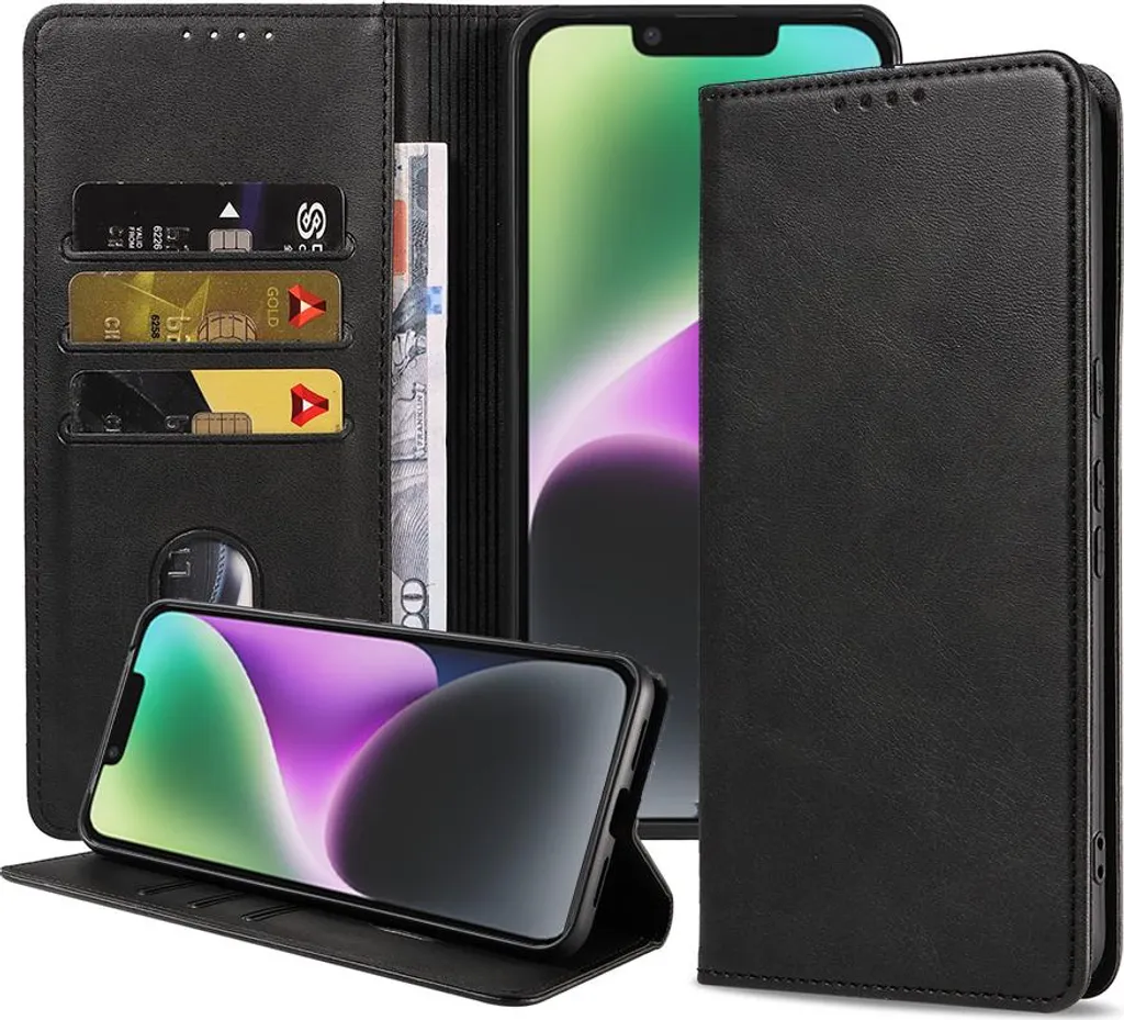 Custodia a Libro iPhone 14 Smartphonica - Wallet Case Ecopelle Nero