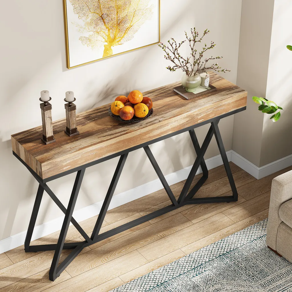 Tribesigns Table Console 140cm Style Ferme avec Socle Métallique Unique - 3