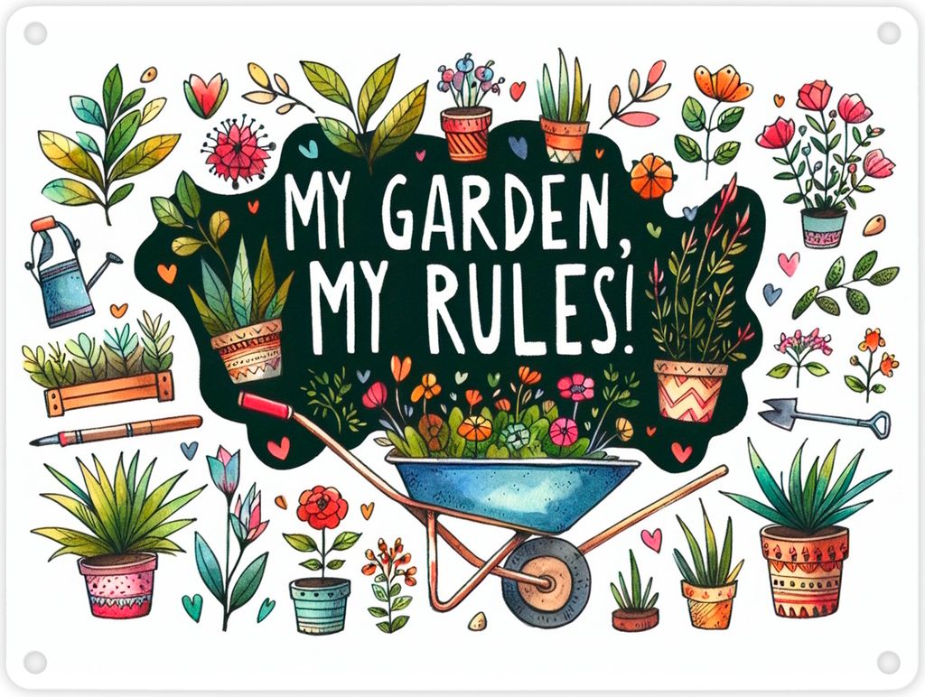Schubkarre im Garten Metallschild in 15x20 cm mit Spruch My Garden, My Rules!