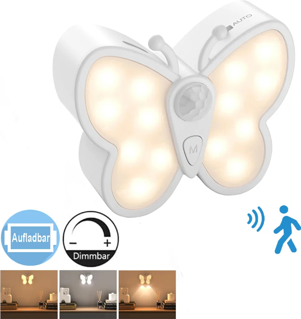 2pcs Farfalla Luce notturna Batteria con Rilevatore di movimento, Applique LED Wireless Dimmerabile Lampada notturna Magnetica, USB Ricaricabile Lampada da parete per Corridoio Camera da letto Armadio