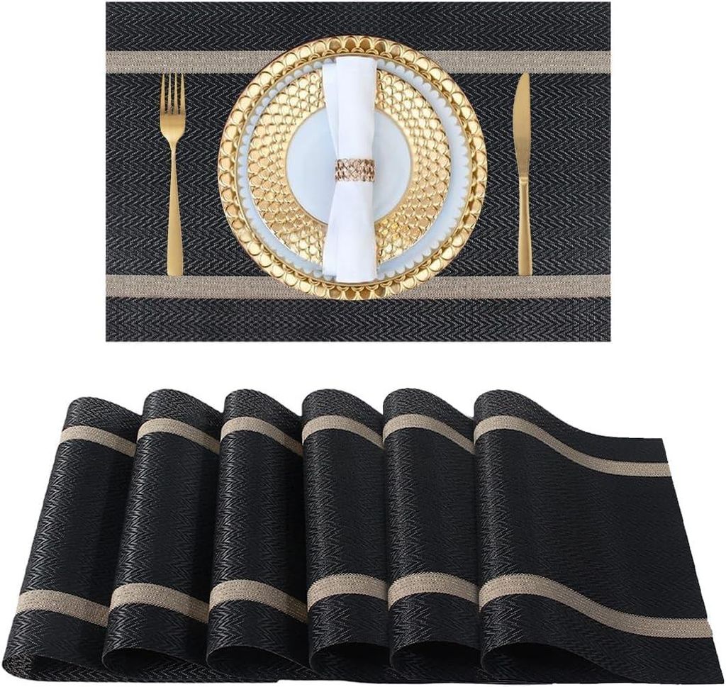 Set mit 6 schwarzen Platzsets mit Goldrand, 30 x 45 cm, strapazierf?higes Vinyl, leicht zu reinigen, geeignet fš¹r Hochzeiten/Bankette/Restaurants