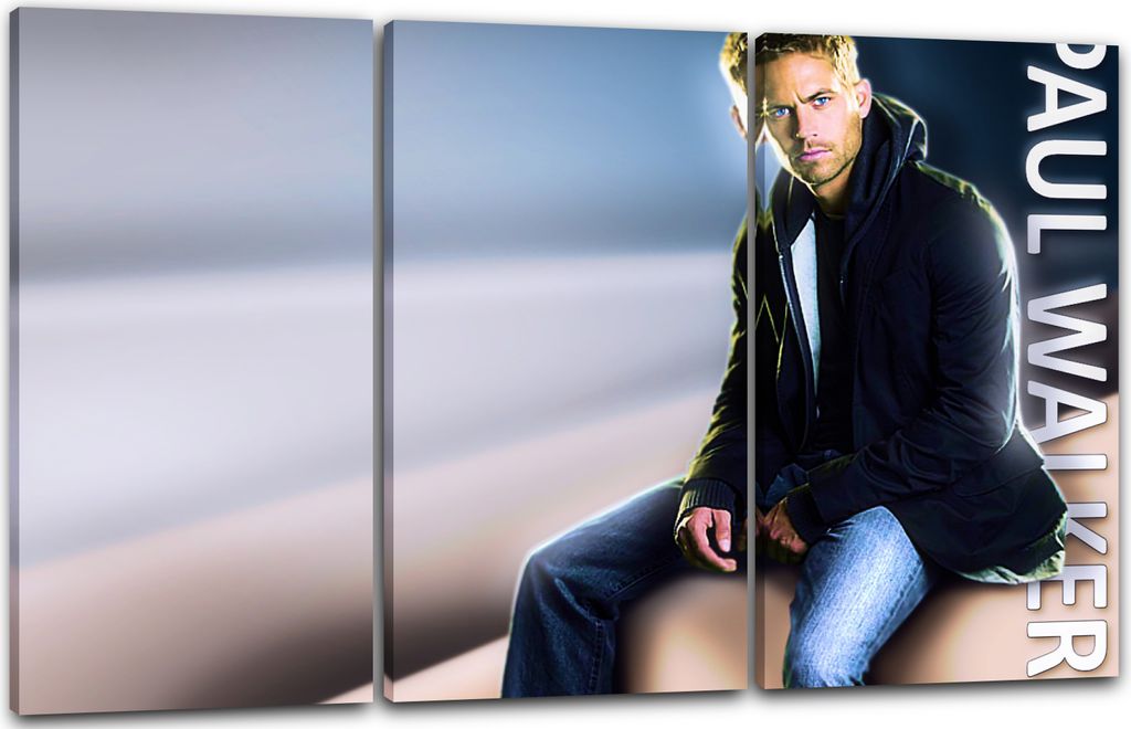 Leinwandbild 3-teilig (120x80cm): Paul Walker coole Pose sitzend mit Jeans-Hose und Anorak, echter Holz-Keilrahmen inkl. Aufhänger, handgefertigt ...
