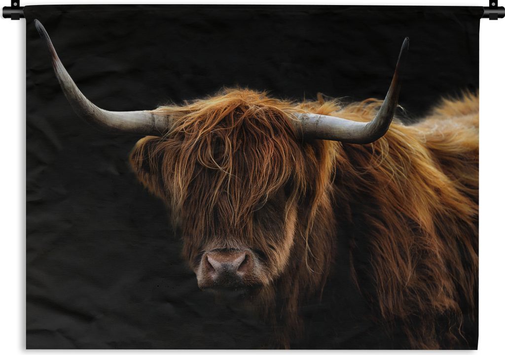 MuchoWow Wandteppich Wandbehang Schottischer Highlander - Hörner - Schwarz - Tiere - Natur - Wild - Kuh 90x67.5 cm Tapisserie Dekoration Wandtuc...