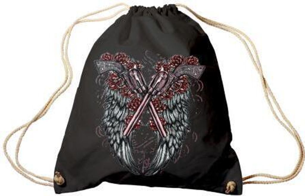 Trend-Bag Turnbeutel Sporttasche Rucksack mit Print - Revolver mit Flügeln hinterlegt - TB65327 Color - schwarz