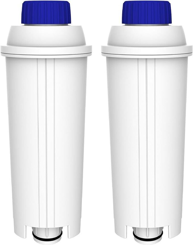 Two white water filters with blue caps are shown side-by-side against a white background.