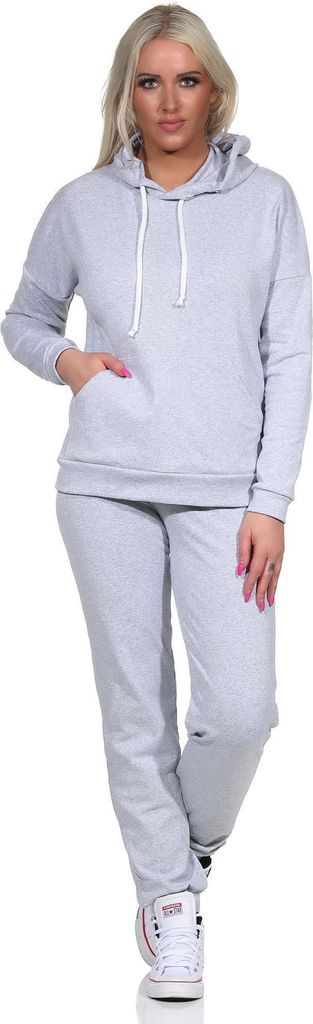 Damen Jogginganzug Freizeitanzug mit Kapuzenpullover; Graumeliert XL/42