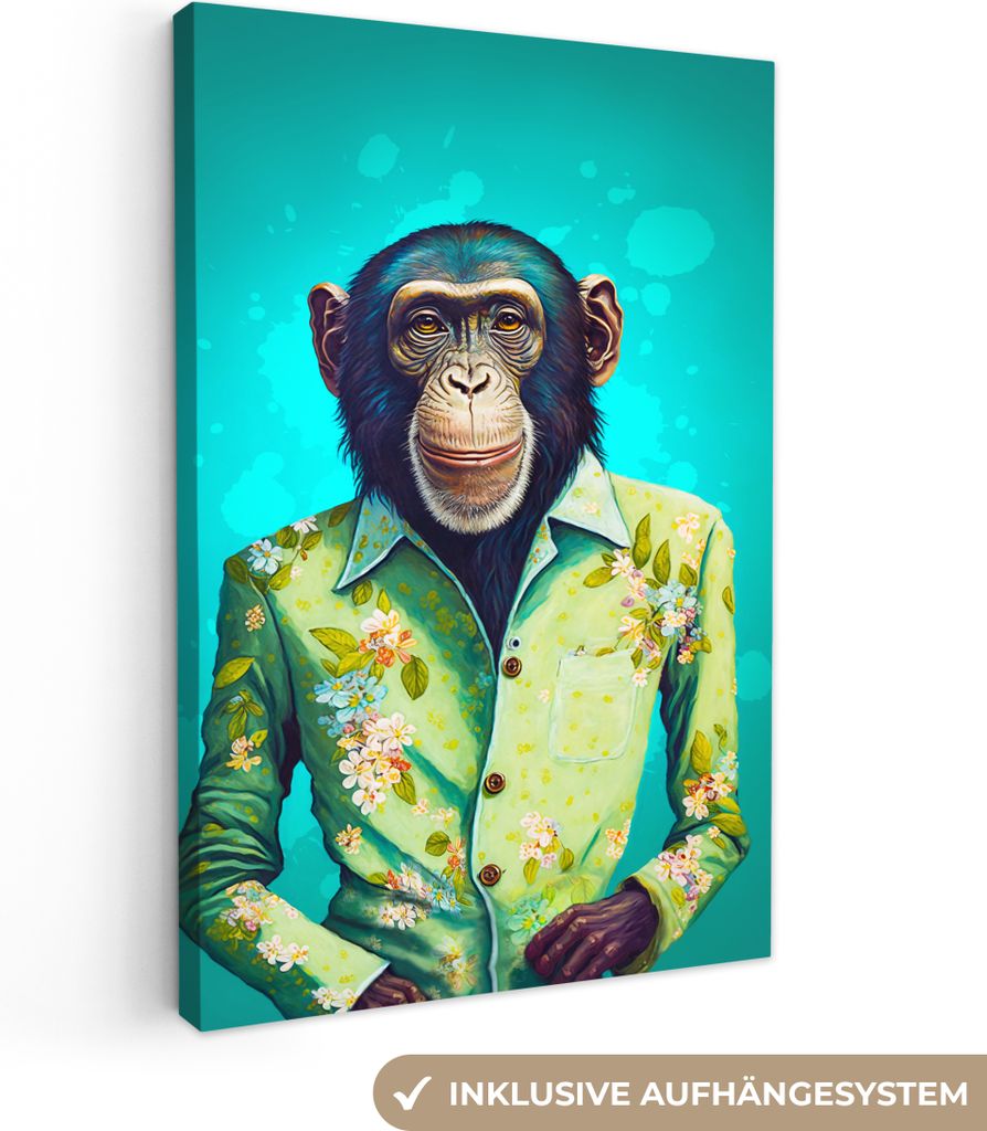 OneMillionCanvasses - Leinwandbilder - 90x140 cm, Affe - Bluse - Blumen - Grün - Porträt, Wandbilder Kunstdruck Wanddekoration - Foto auf Leinw...