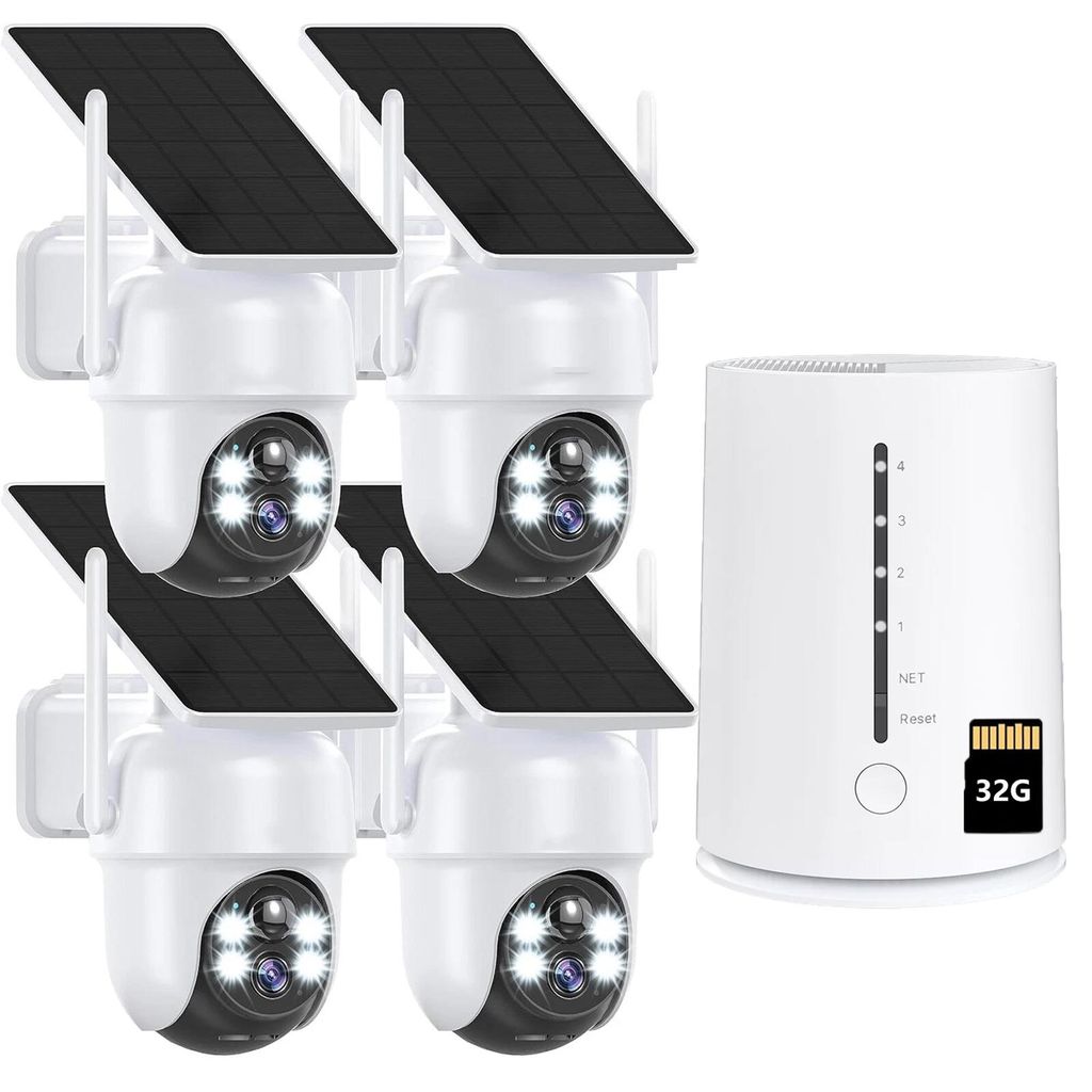 4MP Überwachungskamera Aussen Solar Akku 4er Set mit HomeBase 360° Schwenk mit 2K Farb-Nachtsicht 365Tage mit 32GB Lokalspeicher Kabellos Kamera