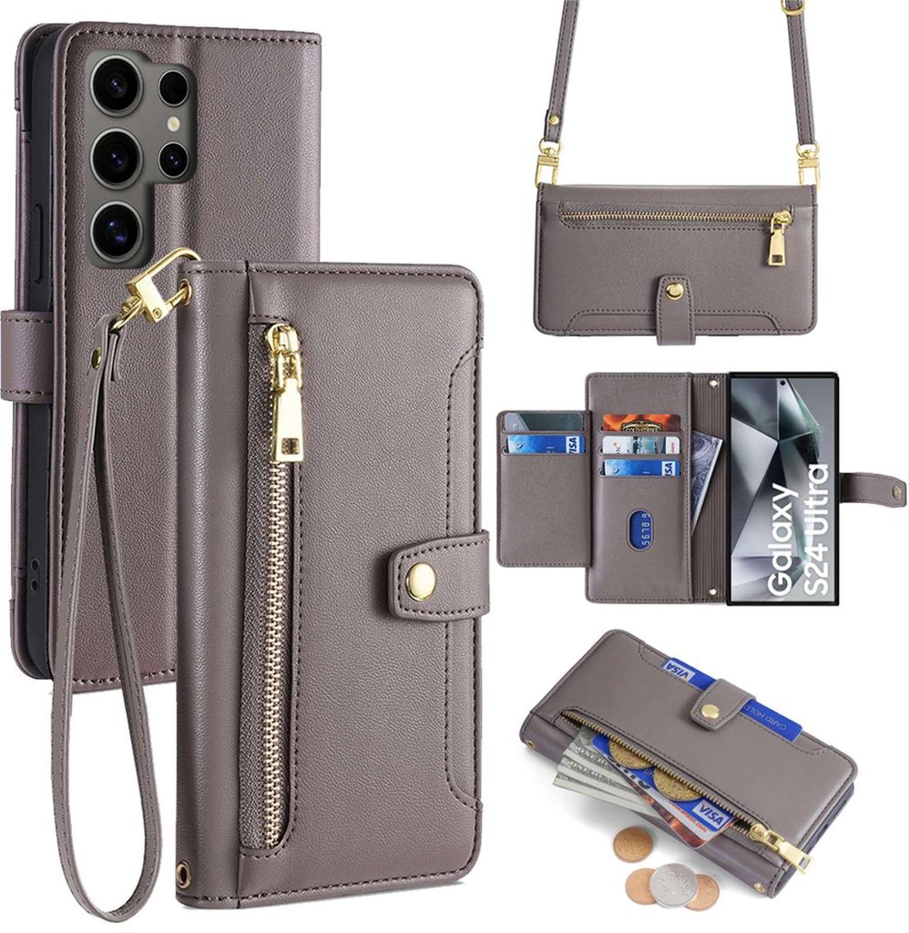 Handykette Samsung Hülle mit Band Handyhülle Kartenfächer Kunstleder Umhängetasche Galaxy S24 Ultra Grau