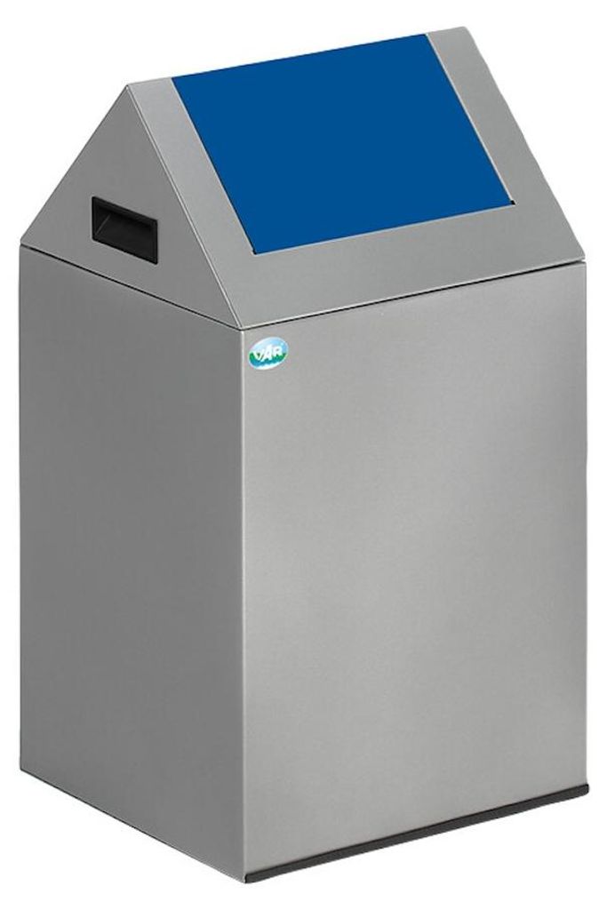 Selbstlöschender Wertstoffsammler spitz mit Einwurfklappe | 43 Liter, HxBxT 60x32x32cm | Verzinkter Stahl | Silber-Blau