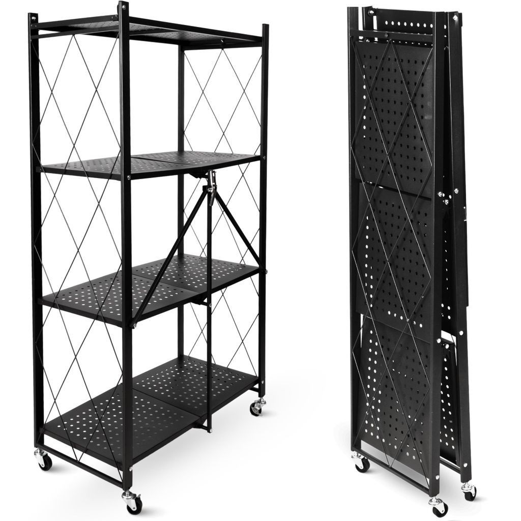 deluxe4home Klappbares Regal mit Rollen Schwarz I 4 Fächer/Böden Rollbares Faltregal als Kellerregal Abstellraum I Rollregal Ordnungssystem
