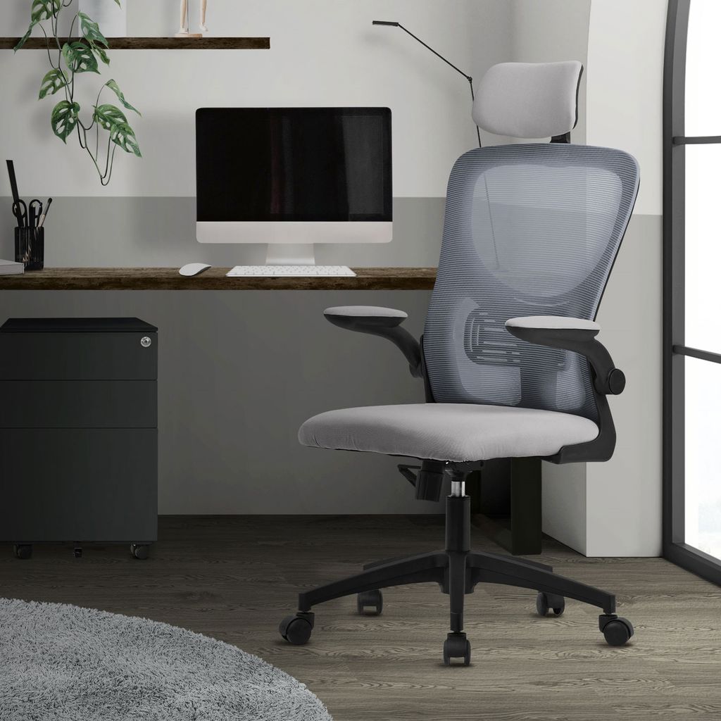 An office chair is shown in a home office setting.