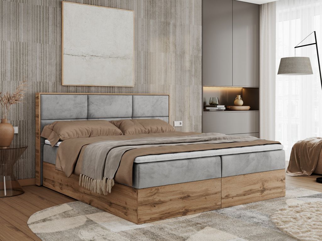Boxspringbett, Doppelbett mit bettkasten und Multipocket-Matratze, Polsterbett mit Kopfteil, Eiche Holzrahmen - Albero-2 - 160x200cm - Hellgrau Vel...