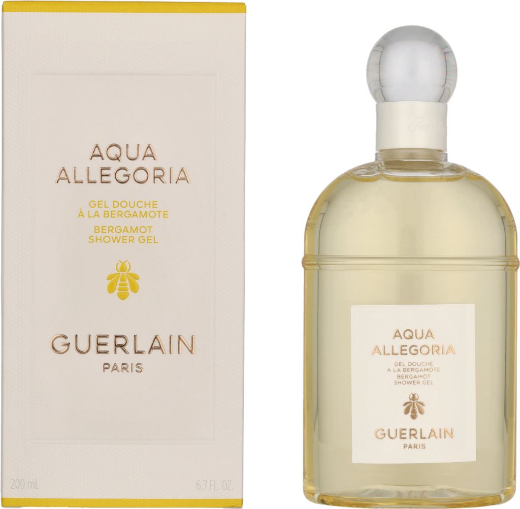 A product shot of a Guerlain Aqua Allegoria Bergamote Calabria shower gel and its packaging.
