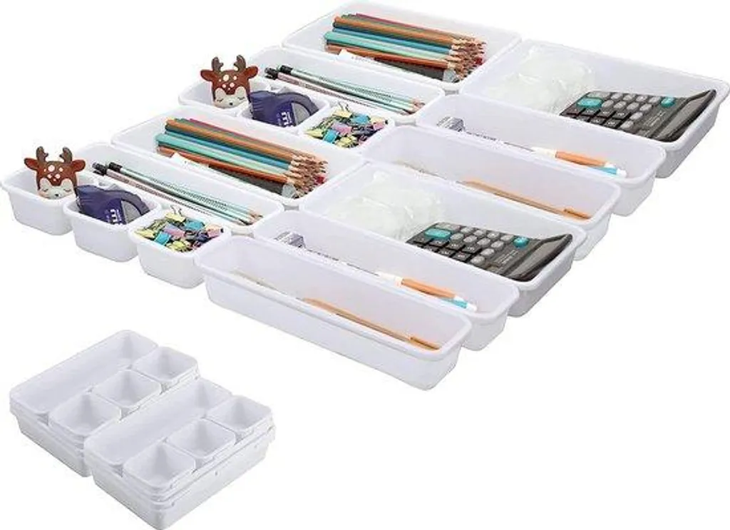 Organisateur de tiroirs de cuisine 16 pièces blanc avec 3 tailles de bacs