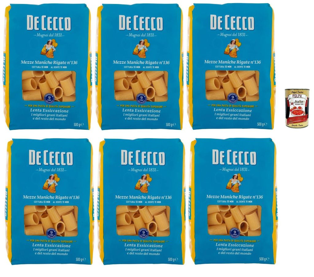De Cecco Mezze Griff Rigate Nr. 136 - Pasta 6x500g | Langsam trocknend | Hochwertiges Hartweizengrieß | 13 min kochen (al dente 11) | Ideal Saucen...