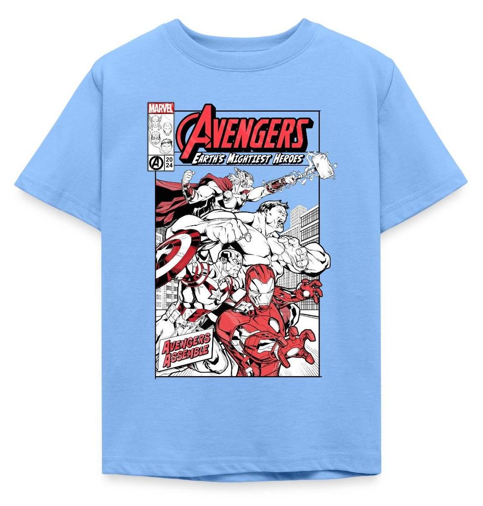 Spreadshirt Avengers Assemble Helden Comic-Motiv Kinder T-Shirt, 122/128 (7-8 Jahre), Himmelblau