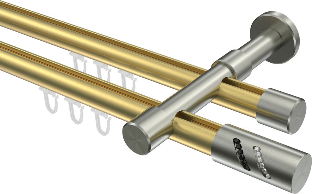 Interdeco Innenlaufstange / Gardinenstange mit Innenlauf Messing-Optik / Edelstahl-Optik, Typ Prestige Zoena (Glitzerzylinder), 20 mm Ø 2-läufig,...