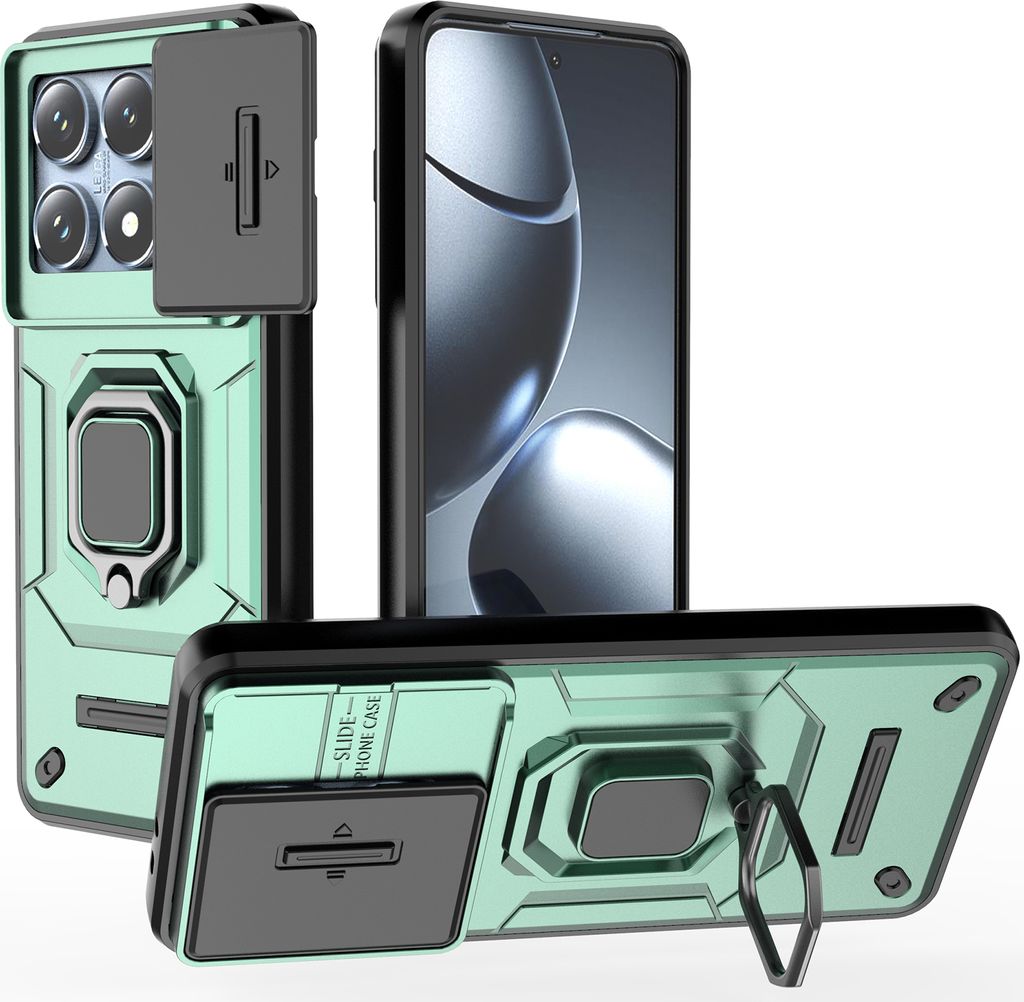 Hülle für Xiaomi 14T Pro Dual Layer Handyhülle Schiebe Kamera Schutz und Ringhalter Ständer Grün