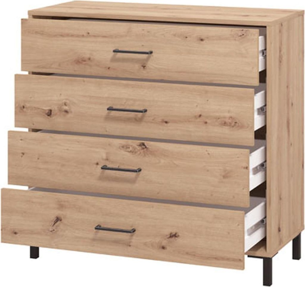 Dmora Kommode Vidor 93x40x90h cm Eiche Braun, 4 Schubladen mit Schiebemechanismus