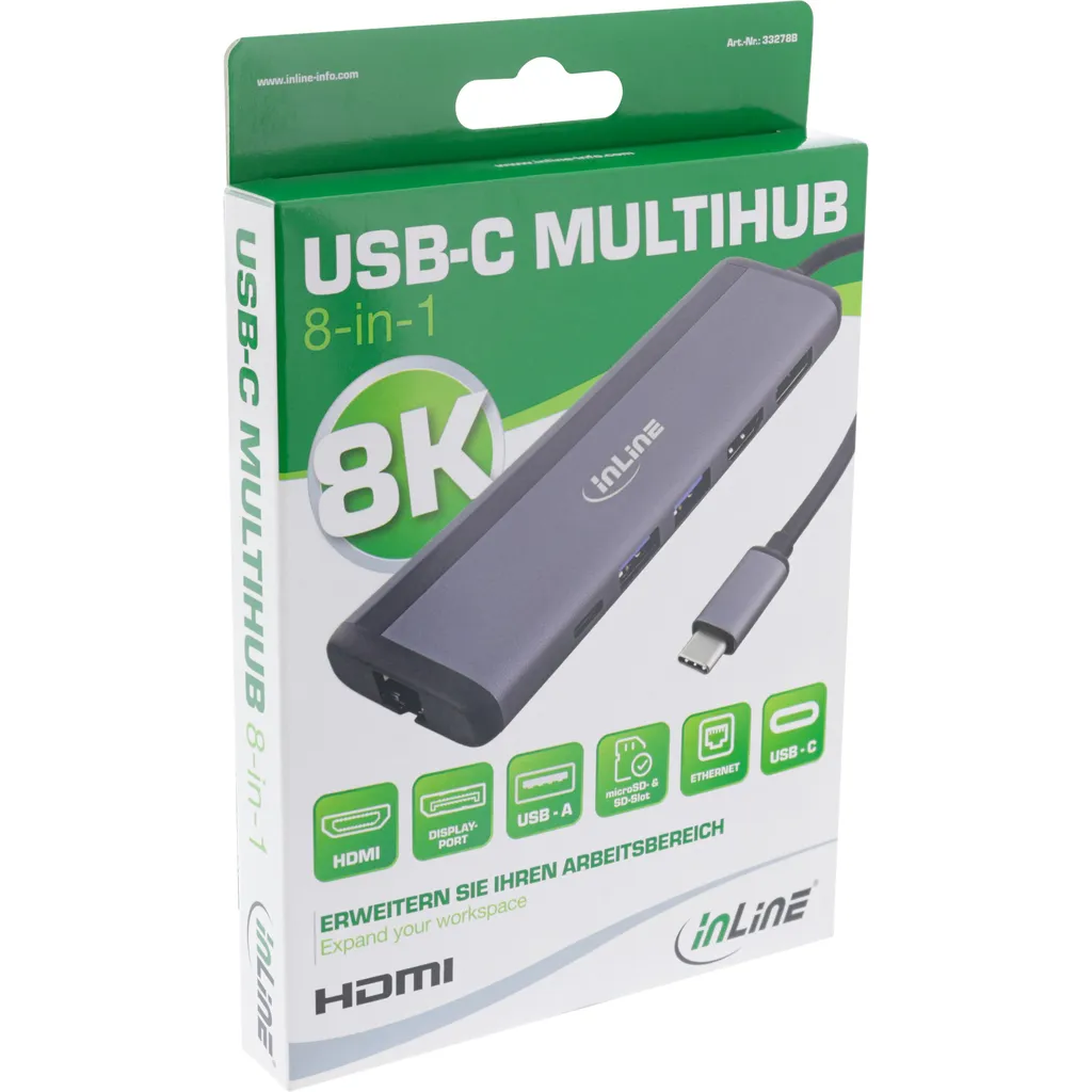 Multihub USB-C 8-en-1 InLine 33278B avec HDMI DP et MST 100W