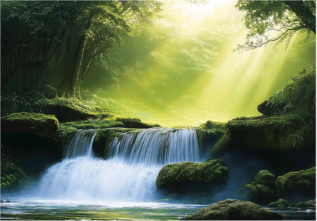 Fototapete 3D Effekt Wasserfall Wald - 300x210 cm - inklusive kleister - Vlies Tapete - Vliestapete Wohnzimmer Schlafzimmer Küche Modern Wandtapete