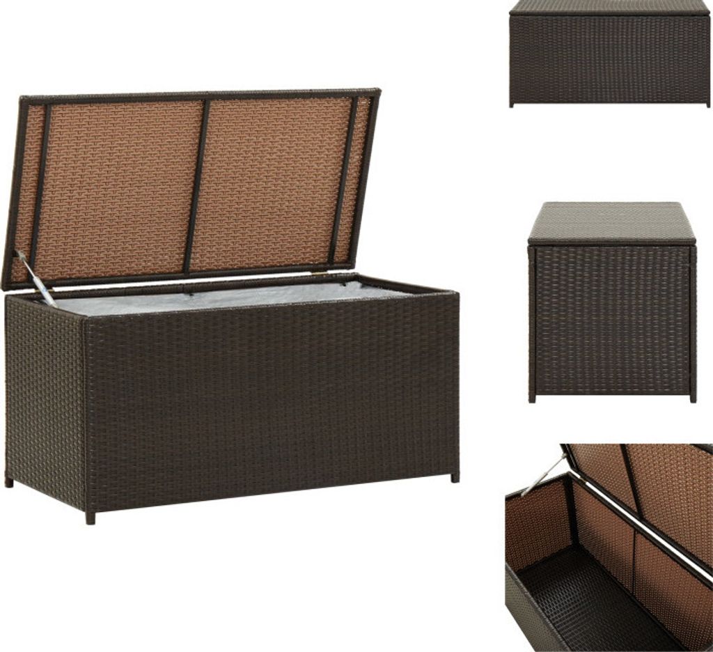 A poly rattan garden box with its lid open, showing the interior. The box is dark brown and has a woven texture. There are also smaller images of the box closed and from different angles.
