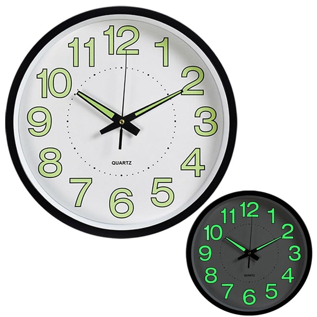 Two glowing wall clocks are shown against a white background. One clock is larger and in the foreground, while a smaller one is in the background.