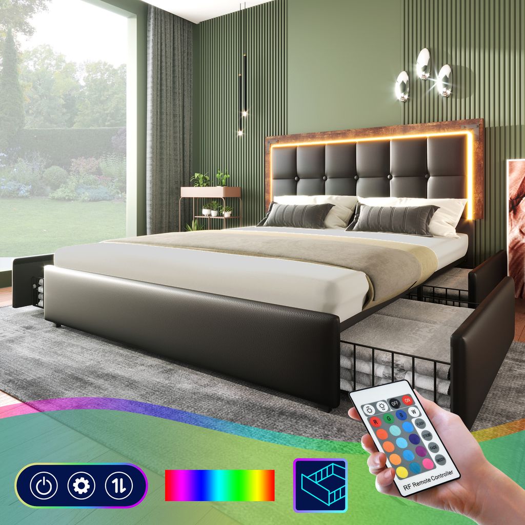 Flieks Polsterbett 140x200cm mit 4 Schubladen, Doppelbett Jugendbett mit LED, Stauraumbett Holzbett Funktionsbett mit Lattenrost, PU, Schwarz