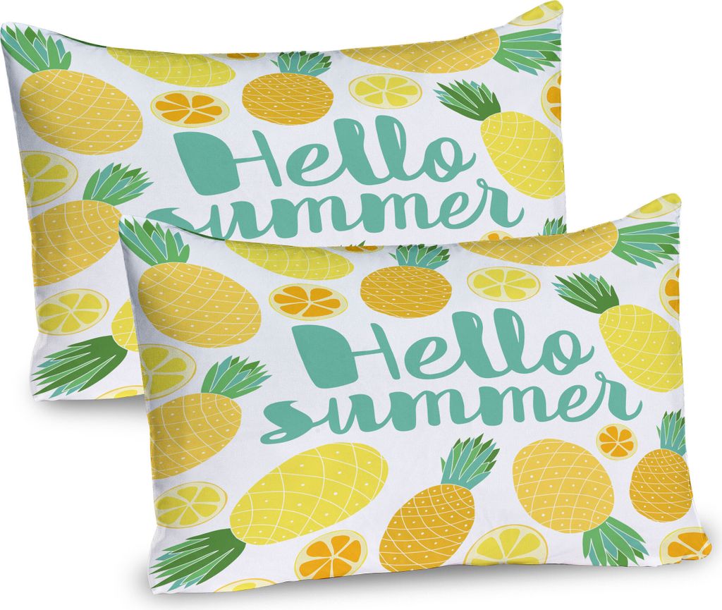 ABAKUHAUS Hallo Sommer Kissenbezug Packung mit 2, Ananas und Zitrusfrüchte mit Einladende Zitat Exotische Hawaii Theme, Dekorativer Gedruckter Kis...
