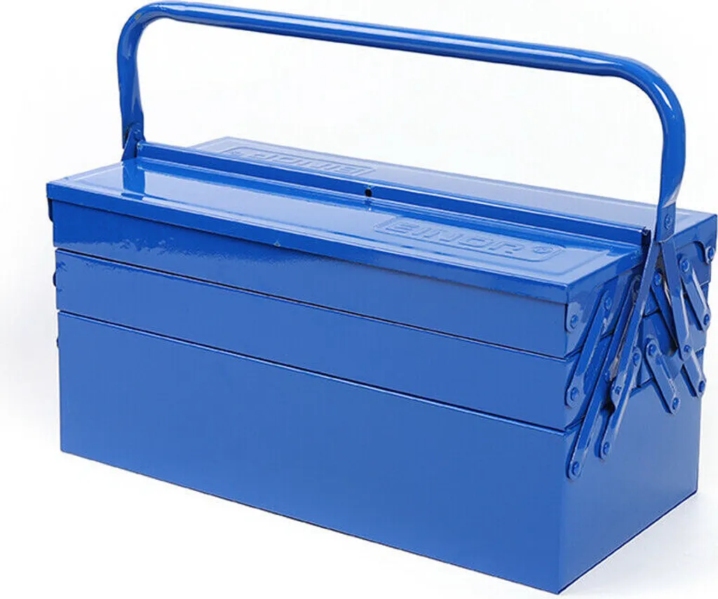 Boîte à outils 5 compartiments en fer bleu avec grande poignée centrale