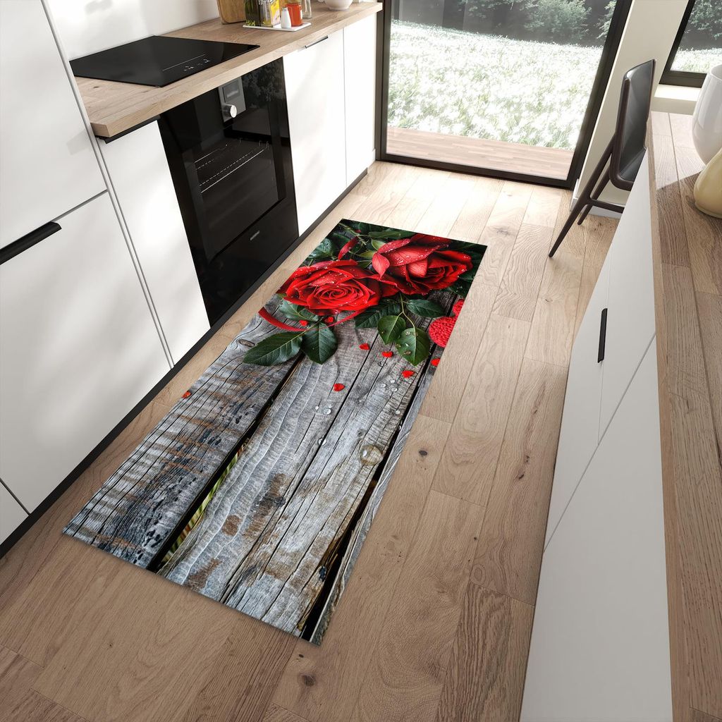 Küchenteppich 80x200cm rutschfest & abwischbar PVC Läufer - Rote Rosen und Herzen