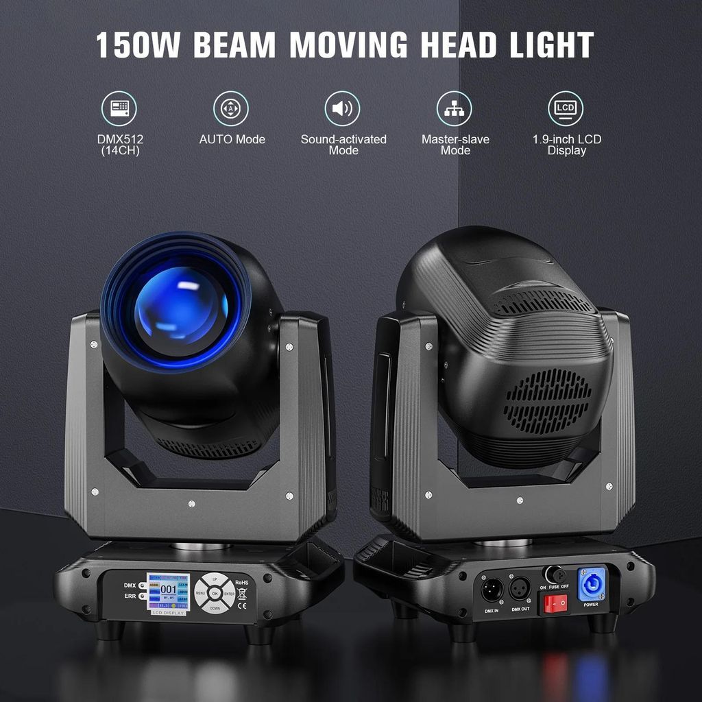 LED Moving Head Bühnenlicht - 150W Beam Kopf - DMX512 14 Farben 14 Gobos - 18-Facetten Prisma - Spot für DJ & Bühne - EU Stecker 2er Set