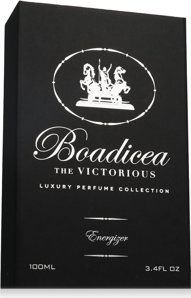 A black box for a perfume bottle with white text and graphics.