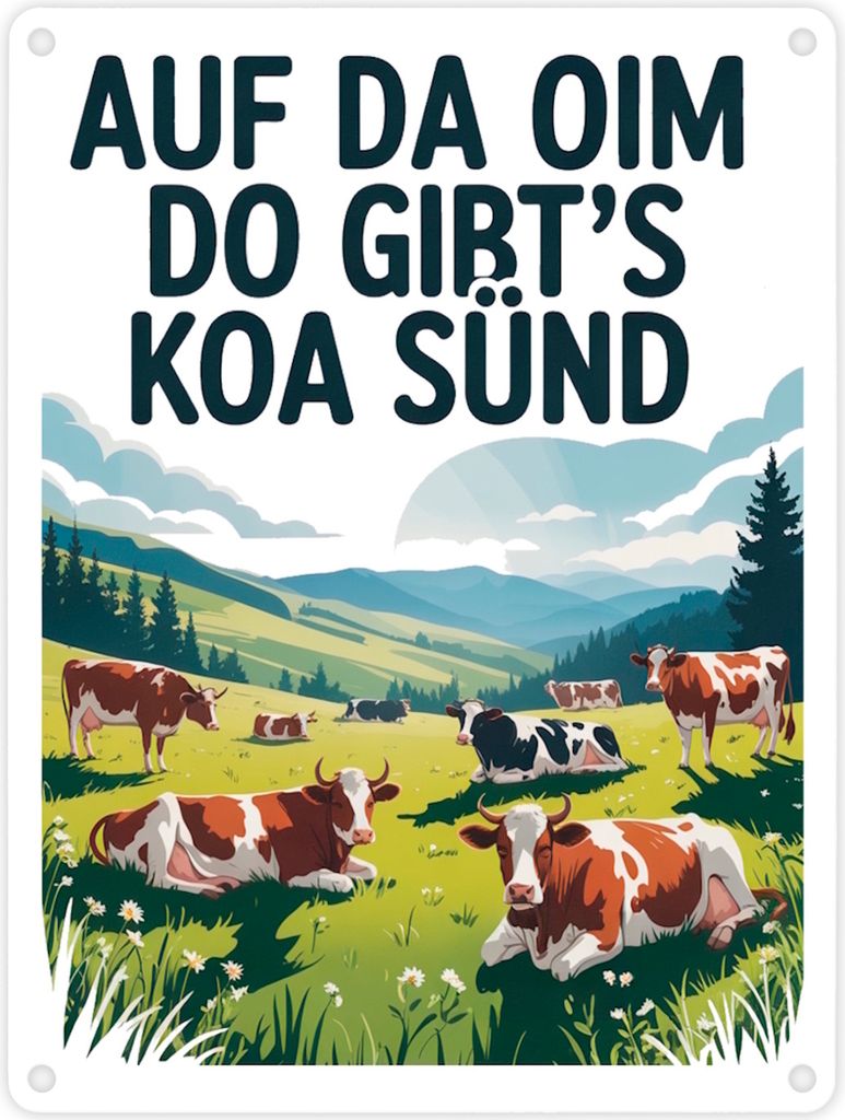 Auf da Oim, do gibt's koa Sünd Metallschild in 15x20 cm Berglandschaft mit Kühen