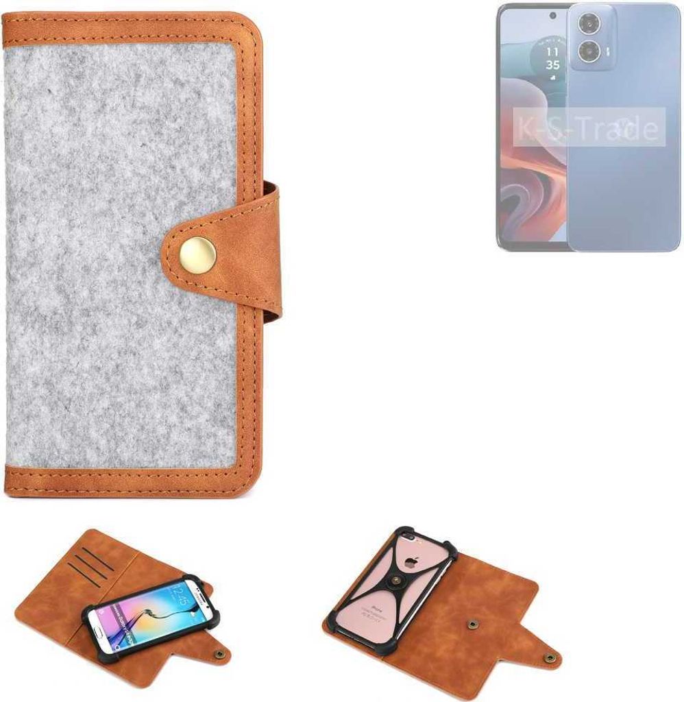 K-S-Trade Handyhülle kompatibel mit Motorola G34 5G Schutzhülle Filz-Hülle Kunst-Leder hellgrau braun (1x)