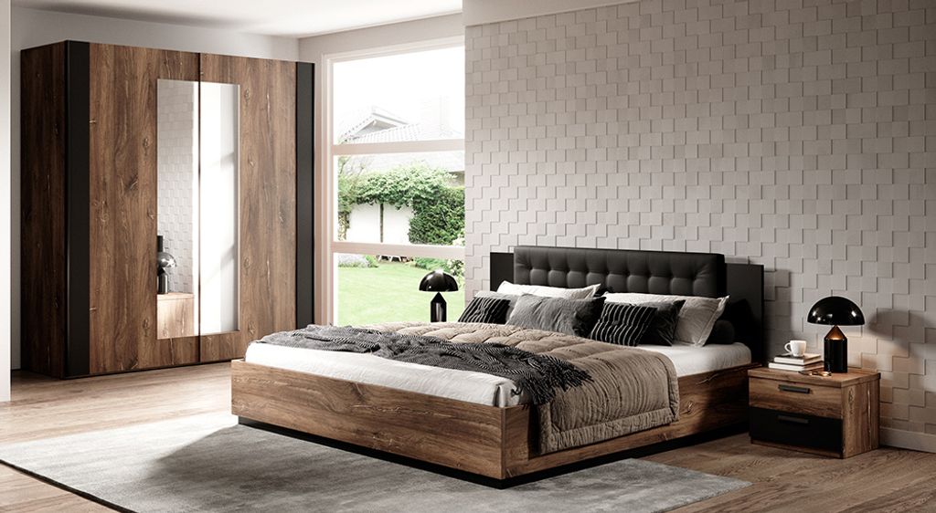 Bett mit Lattenrost, Liegefläche 160 x 200 cm und Kleiderschrank SOLMS-83 in Flagstaf Eiche dunkel Nb. und kupferrot, kombiniert mit schwarz