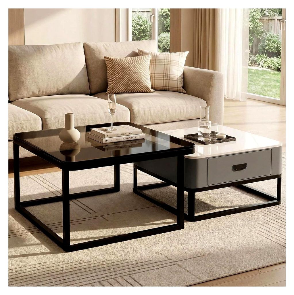 Couchtisch Quadrat 2er Set, Moderner Wohnzimmertisch mit Stauraum, Tischplatte aus Glas und Metallgestell für Wohnzimmer, Balkon und Büro