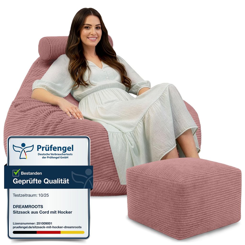 Dreamroots Sitzsack, Puff 90x90x100 cm, Sitzsack mit Füllung, Sitzsack mit Fußhocker, Sitzsack mit Bezug, Ginger Spice