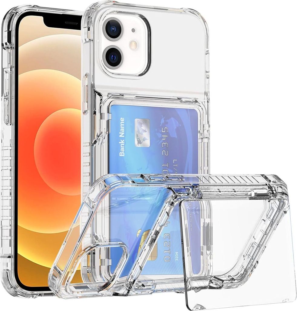 Hülle für iPhone 12 / iPhone 12 Pro Transparent Kartenfach Silikon TPU Handyhülle mit Ständer Klar