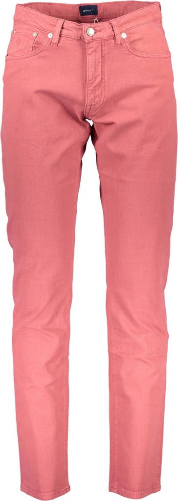 Rote Herrenhose mit 5 Taschen, Knopf und Reißverschluss dabei.