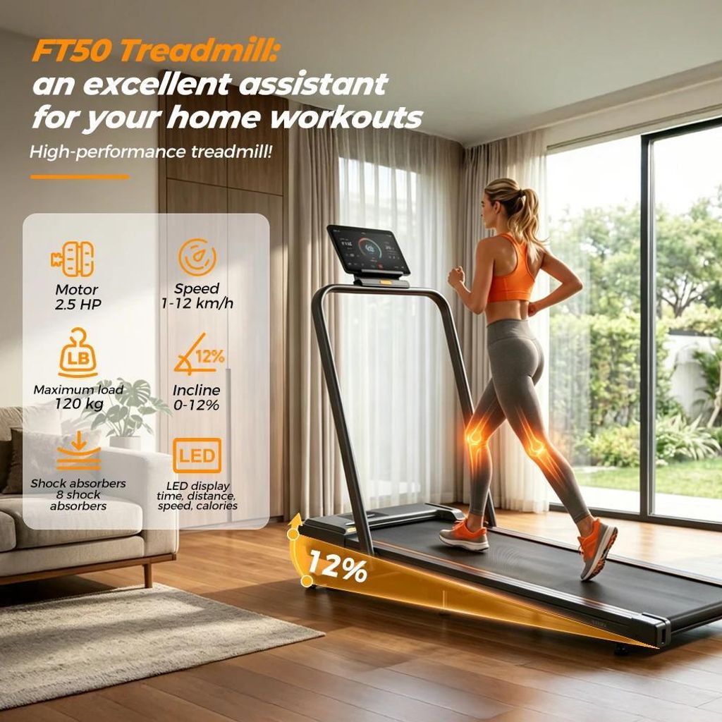 2-in-1 klappbares Laufband - FT50 Heimtrainer - 1,9 kW Motor - bis 12 km/h - 12 % Steigung - LED Display - 12 Trainingsprogramme - stoßdämpfende ...