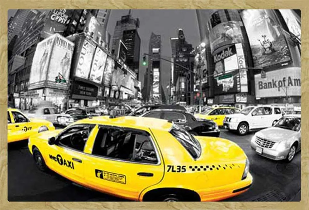 Affiche NYC Yellow Cabs sous Vitre Acrylique et Cadre MDF Hêtre Maxi