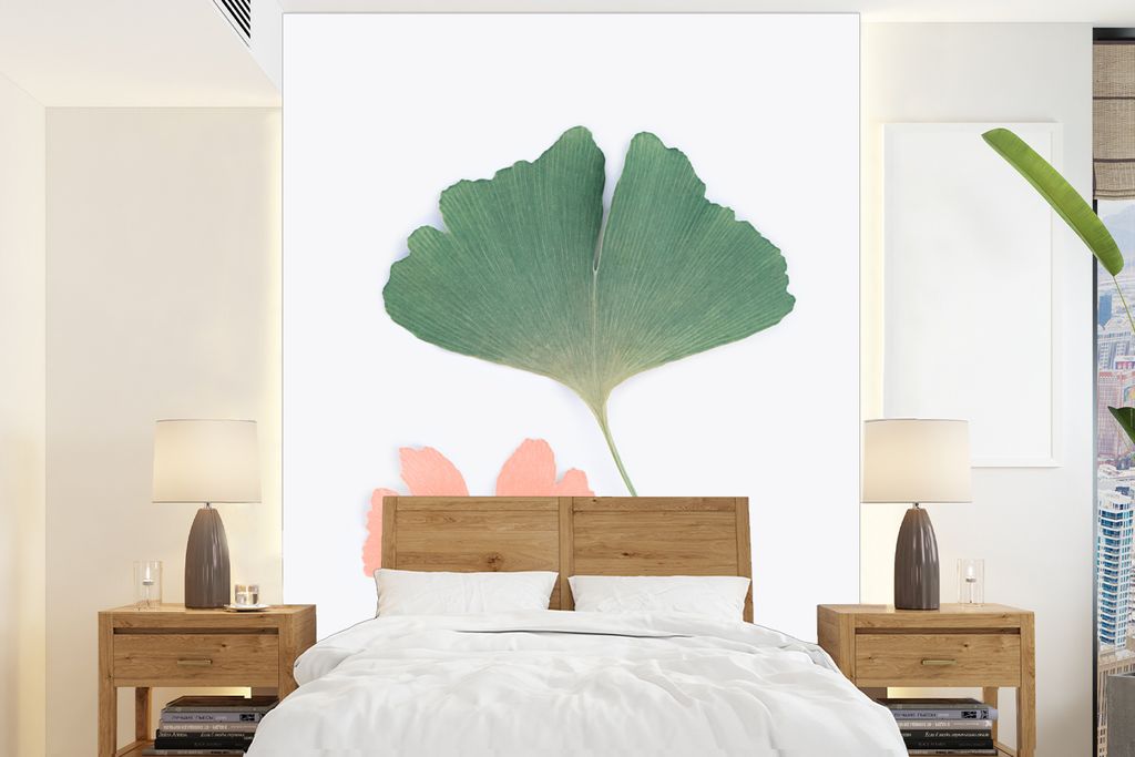 MuchoWow Fototapete für Wohnzimmer oder Schlafzimmer Wandtapete Vinyl Motivtapete Blätter - Grün - Orange - Natur - 205x280 cm - Wandbild