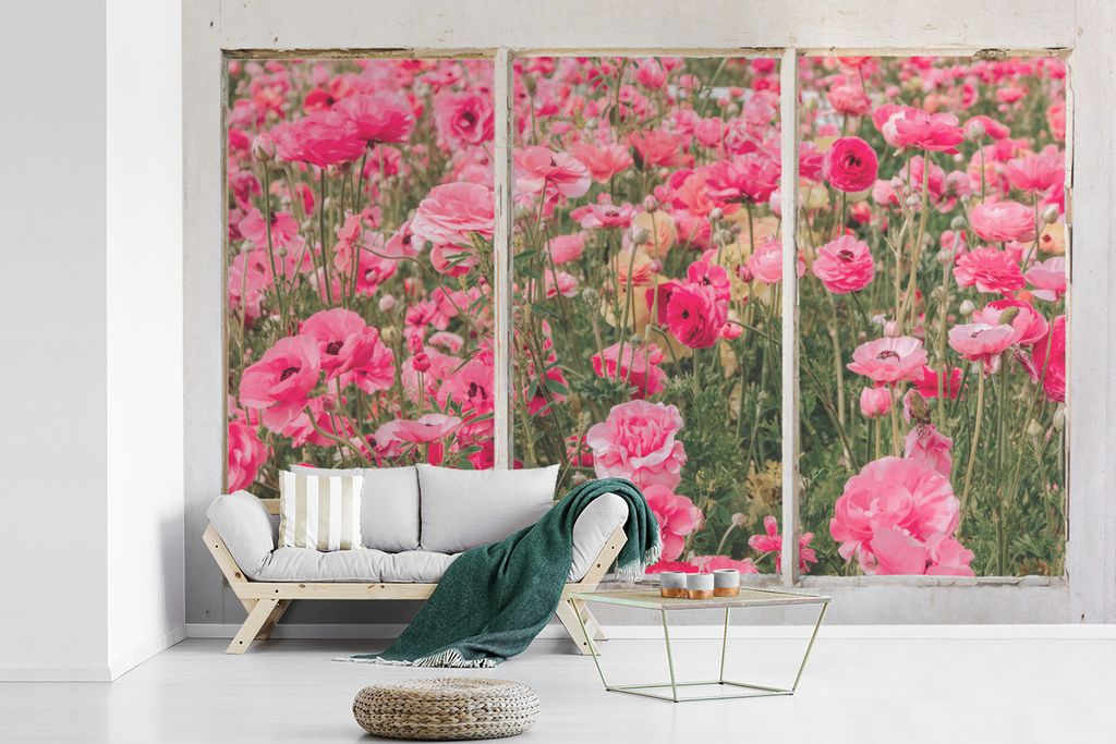 MuchoWow Fototapete für Wohnzimmer oder Schlafzimmer Wandtapete Vinyl Motivtapete Durchsichtig - Blumen - Rosa - 420x280 cm - Zimmer für Kinder