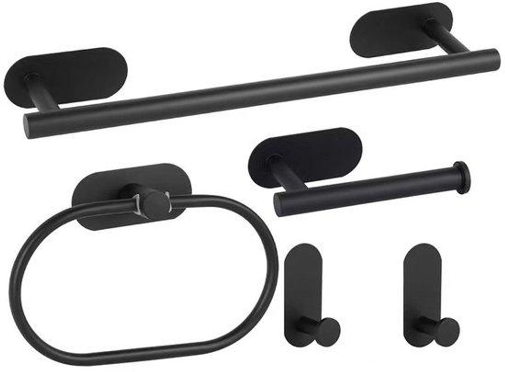 Badkamer-accessoire-set, roestvrij staal, zwart, muurplak, 5-delig.