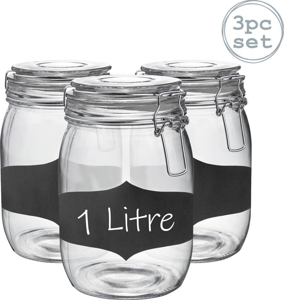 Vorratsgläser aus Glas mit Etiketten – 1 Liter – transparenter Verschluss – 3 Stück