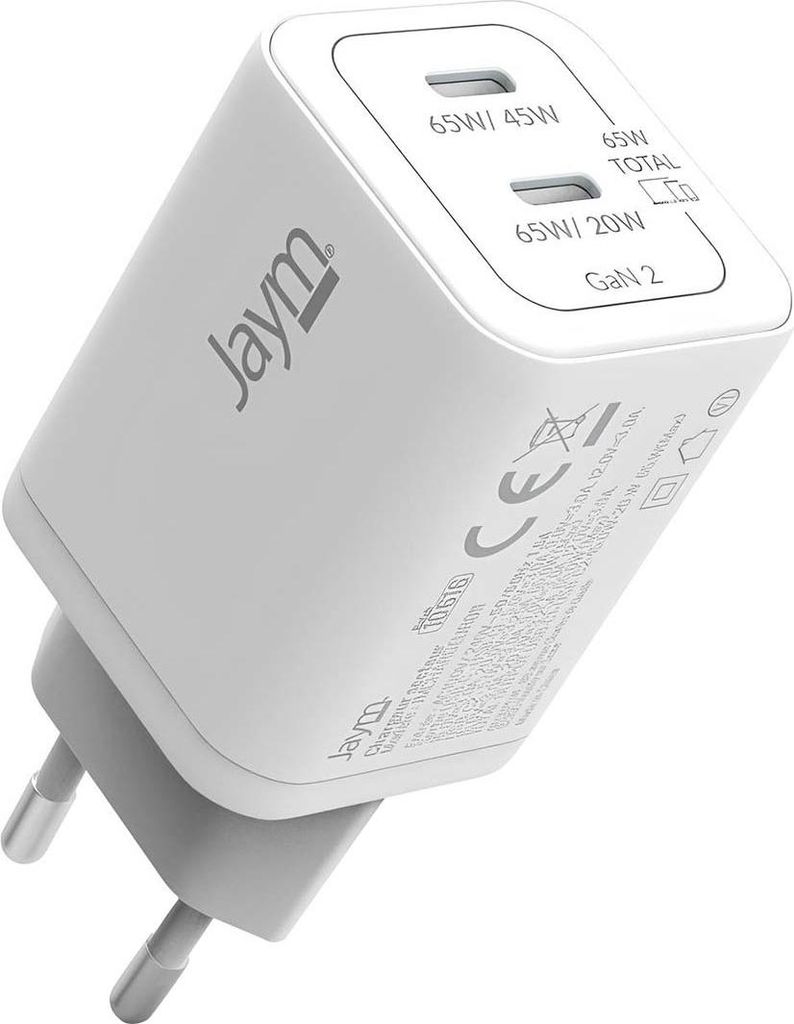 Jaym, GaN Ladegerät Dual USB-C 65W PD/PPS ultra-kompakt, Weiß