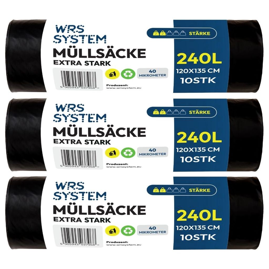 WRS System 3er Set Müllsäcke 240L 3x10 Stk. Strapazierfähige Müllbeutel Mülltüte Bausäcke Bauschuttsäcke - Schwarz - universell für Abfall...