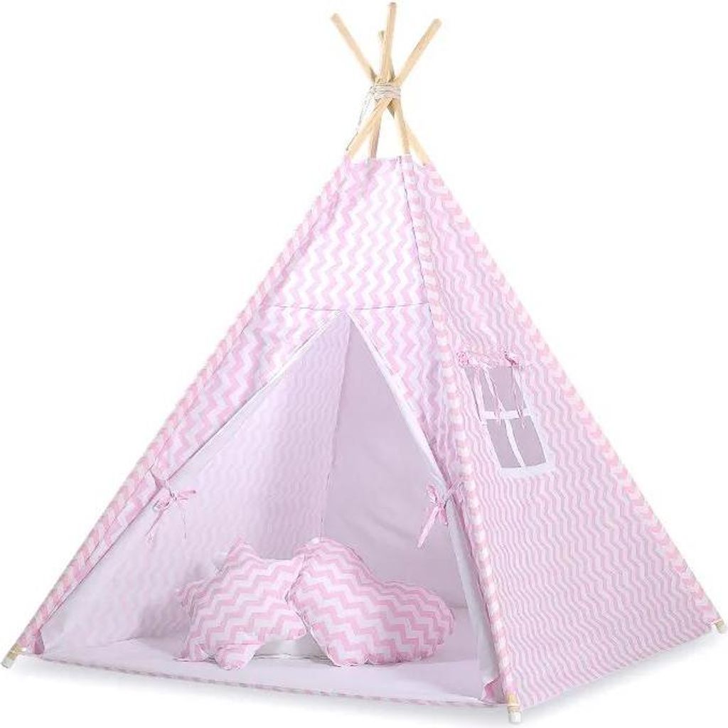Tipi Zelt für Kinder Rosa mit Teppich und Deko hängenden Federn